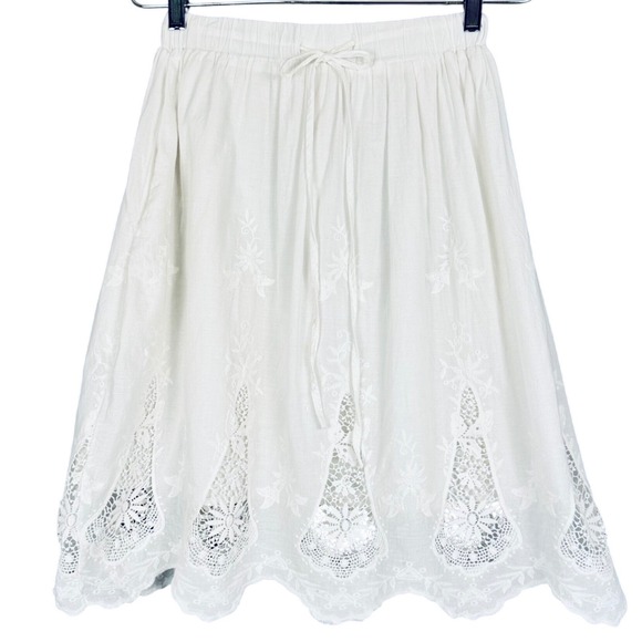 Dresses & Skirts - Boho Fairy Knee Skirt White Cotton Small Drawstring Lined Lace Cut-Out A-Line